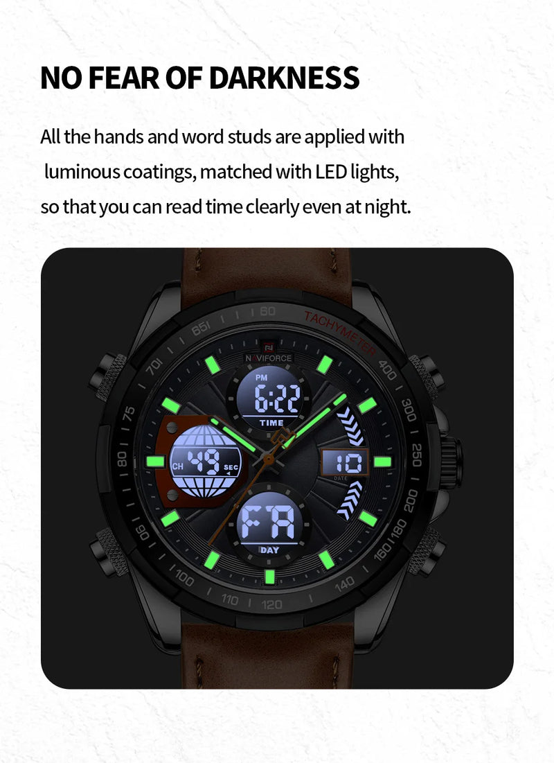 2022 NAVIFORCE Relógios Esportivos para Homens Forte Luminoso Dual Display Impermeável Quartz Genuine Leather Relógio De Pulso Relogio masculino
