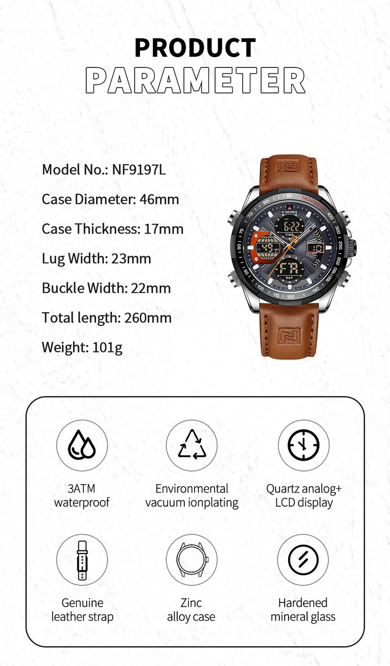 2022 NAVIFORCE Relógios Esportivos para Homens Forte Luminoso Dual Display Impermeável Quartz Genuine Leather Relógio De Pulso Relogio masculino